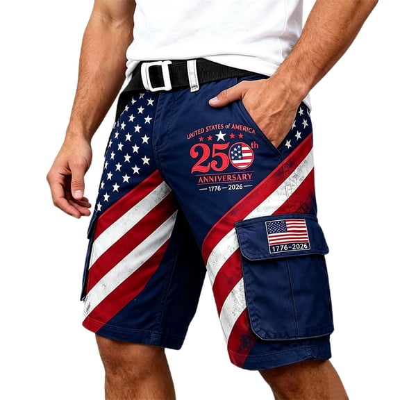 LPKRT Men Independence Day Print Cargo Shorts - Plus Size Casual Bottoms, Patriotic Outdoor Beach Shorts(Red-4XL)