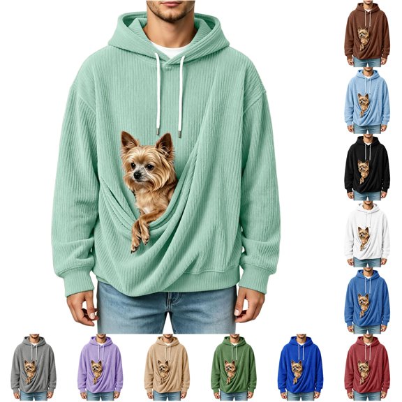 Xijirk Mens Corduroy Pet Pouch Hoodie with Large Built‑in Pet Carrier Pocket for Small Dogs Cats Daily Walks Outdoor Casual Trips,Light Green,5XL