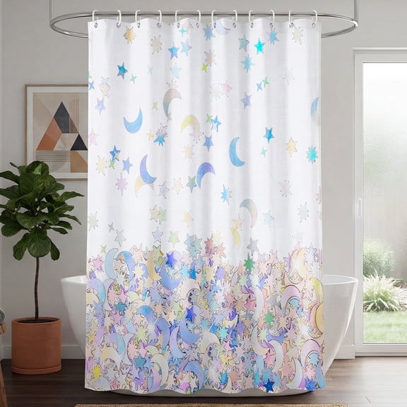 Annvchi Pastel Moon and Star Shower Curtain, Dreamy Watercolor Celestial Bathroom Curtain, 72 x 72 Inch, Includes 12 Hooks
