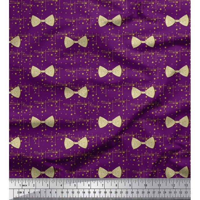 Soimoi Purple polyester Crepe Fabric Bow & Dots Printed Craft Fabric by the Yard 42 Inch Wide