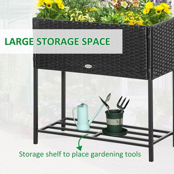 Garden Pots Outsunny Raised Garden Bed, Elevated Planter Box with Rattan Wicker Look, Tool Storage Shelf, Portable Design for Herbs, Vegetables, Flowers, Black,Outdoor Garden Planters