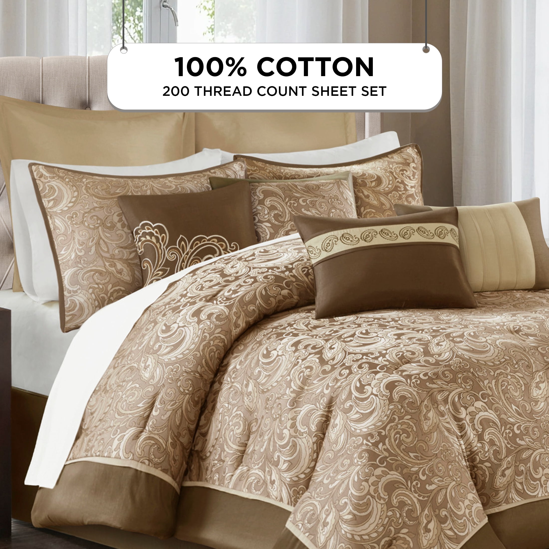 Regency Heights 24PCs Traditional Paisley Jacquard Comforter Set with Window Curtains,Room in a Bag,Queen,24 Pieces-Brown