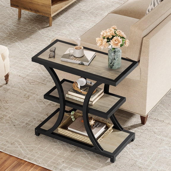 Finmind End Table with Storage, 3-Tier Side Table with Geometric Metal Design, Industrial Nightstand for Small Spaces, Living Room, Bedroom, Gray