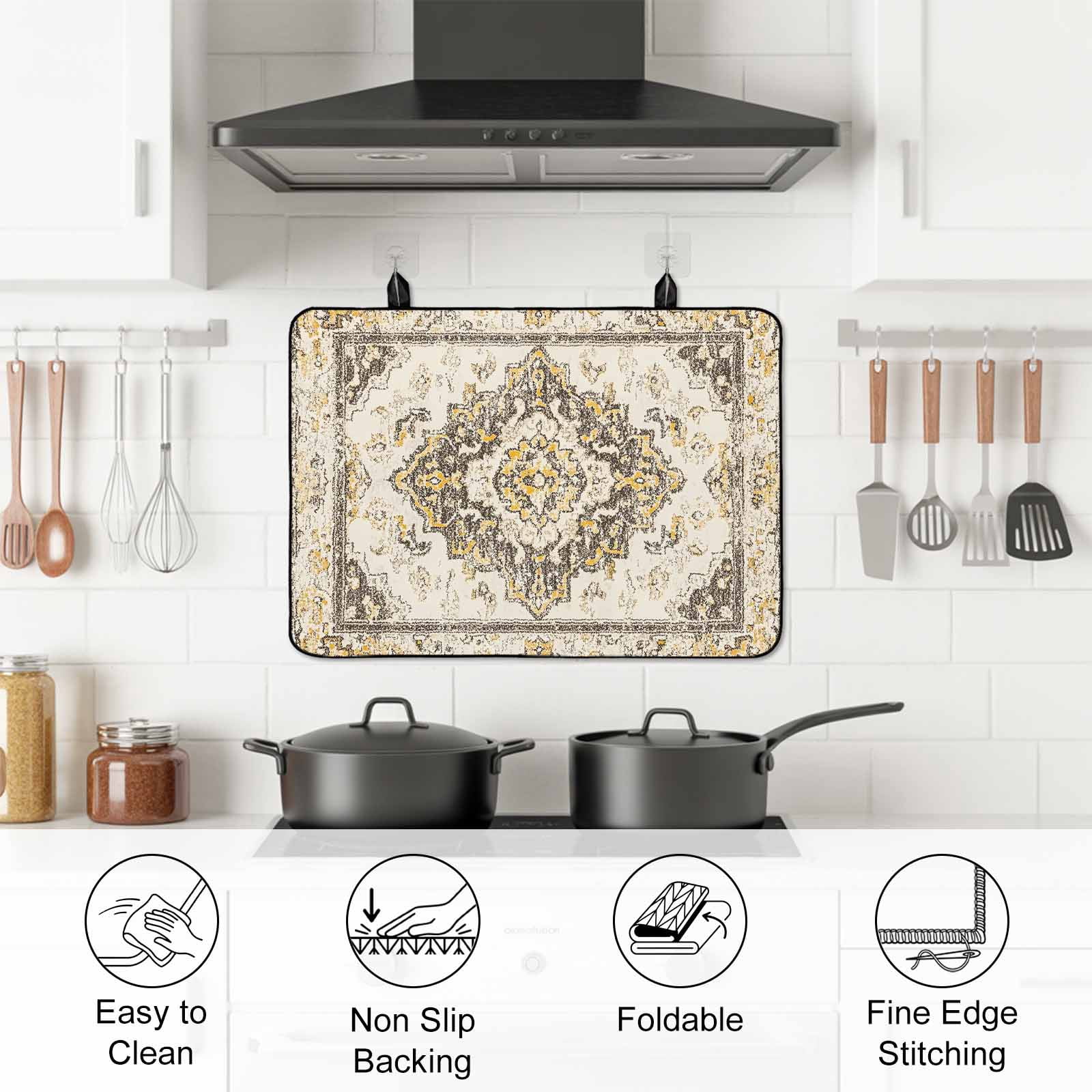 Beige Vintage Boho Stove Top Cover for Electric Stove, Heat-proof & Non Slip Glass Top Stove Cover Protector, Ethnic Tribal Geometric Abstract Kitchen Flat Cooktop Rubber Mat 24x21 Inches