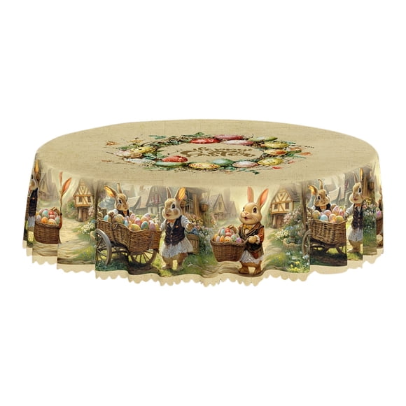 Round Easter Tablecloth Polyester Waterproof Stain Resistant Table Cover 152Cm for Easter Holiday Party Dining Room Kitchen