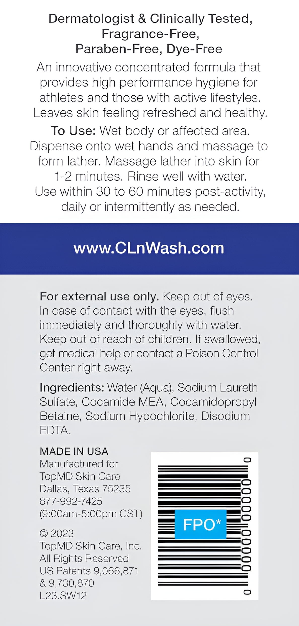 CLn® SportWash, 12 fl oz, Sport Bodywash for Body Odor, Foot Odor & Folliculitis, Fragrance Free Body Wash
