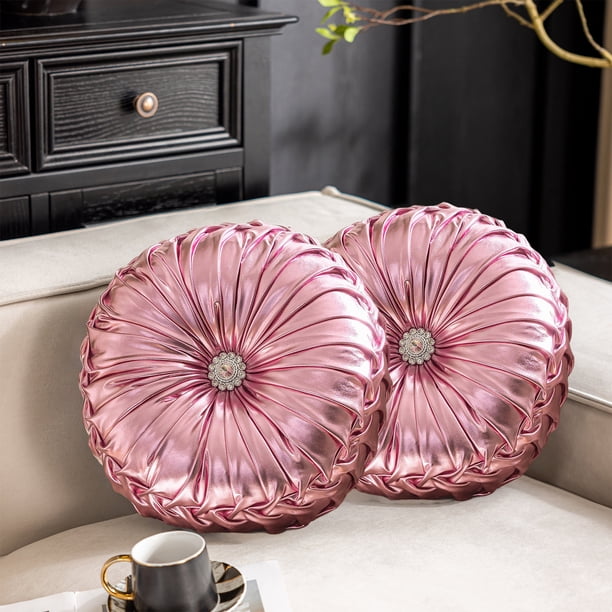 Cojín decorativo redondo de terciopelo | Cojín de calabaza brillante para sofá, mesilla, ventana, futón | Funda de poliéster de peluche de 35x35cm | Rosa, Morado, Dorado, Negro, Plata | Acento