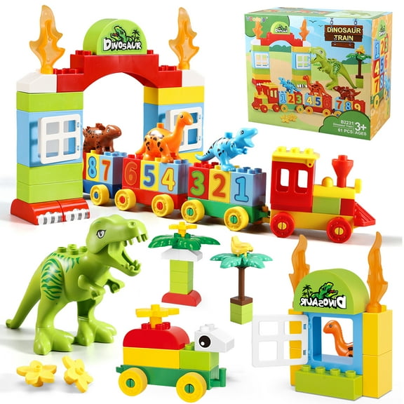 Dinosaur Building Blocks Toys,Jurassic Theme Building Blocks,with a Counting Train,a Big T-rex,and Three Dinosaurs,Compatible with All Major Brands, Gift for Kids Toddlers Boys Girls Age 3,4,5,6,7,8 
