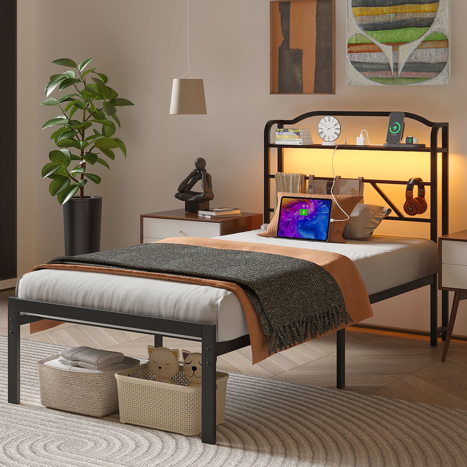 NISIEN Twin Size Bed Frame with LED Storage Headboard & Charging Station, Metal Platform Bed, Black