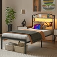 thumbnail image 3 of NISIEN Twin Size Bed Frame with LED Storage Headboard & Charging Station, Metal Platform Bed, Black, 3 of 11