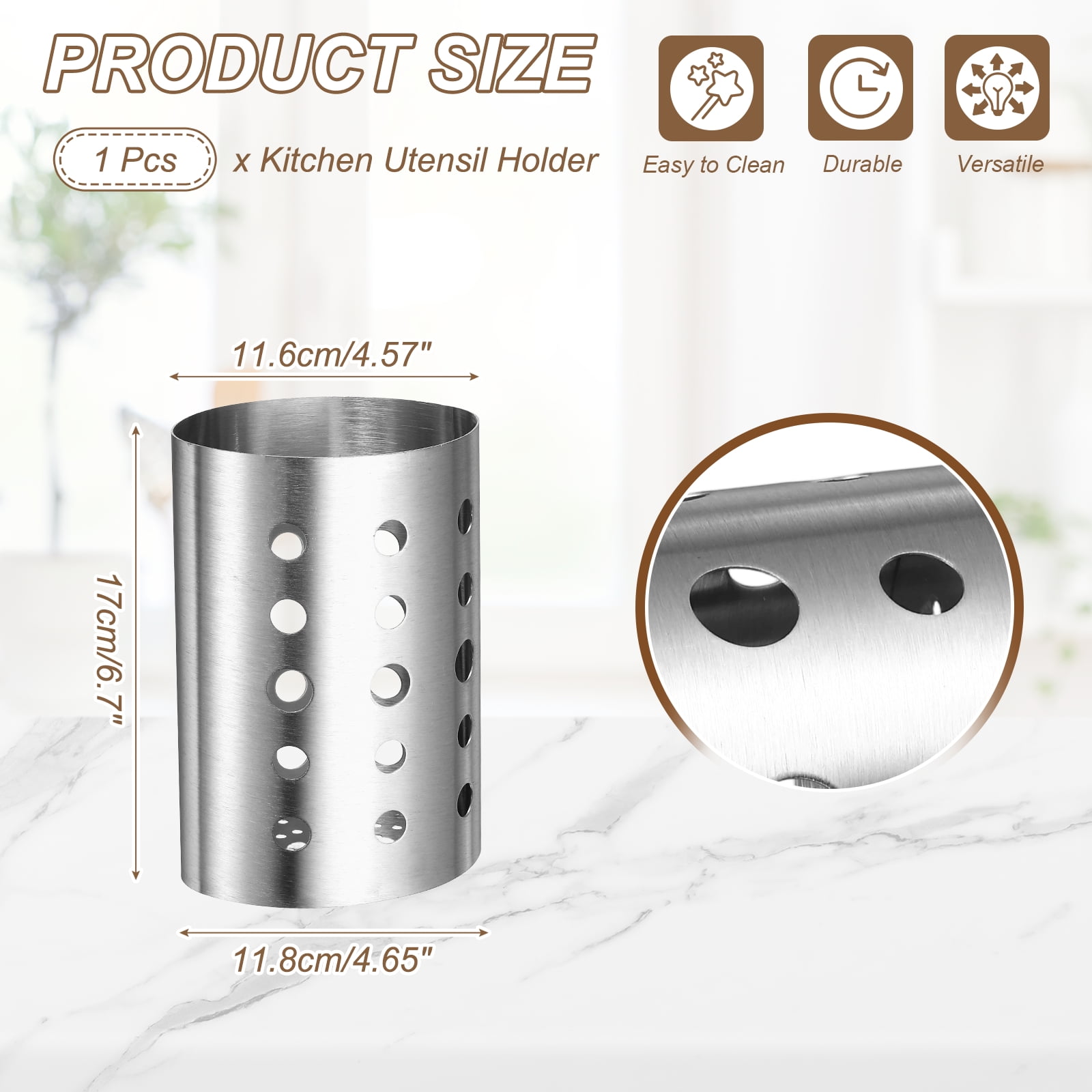 Uxcell Kitchen Utensil Holder, 3.9x5.5" Stainless Steel Utensil Cutlery Holder Round Flatware Organizer with Drain Hole for Kitchen Restaurant Countertop Straw, Spoon, Chopstick, Silver