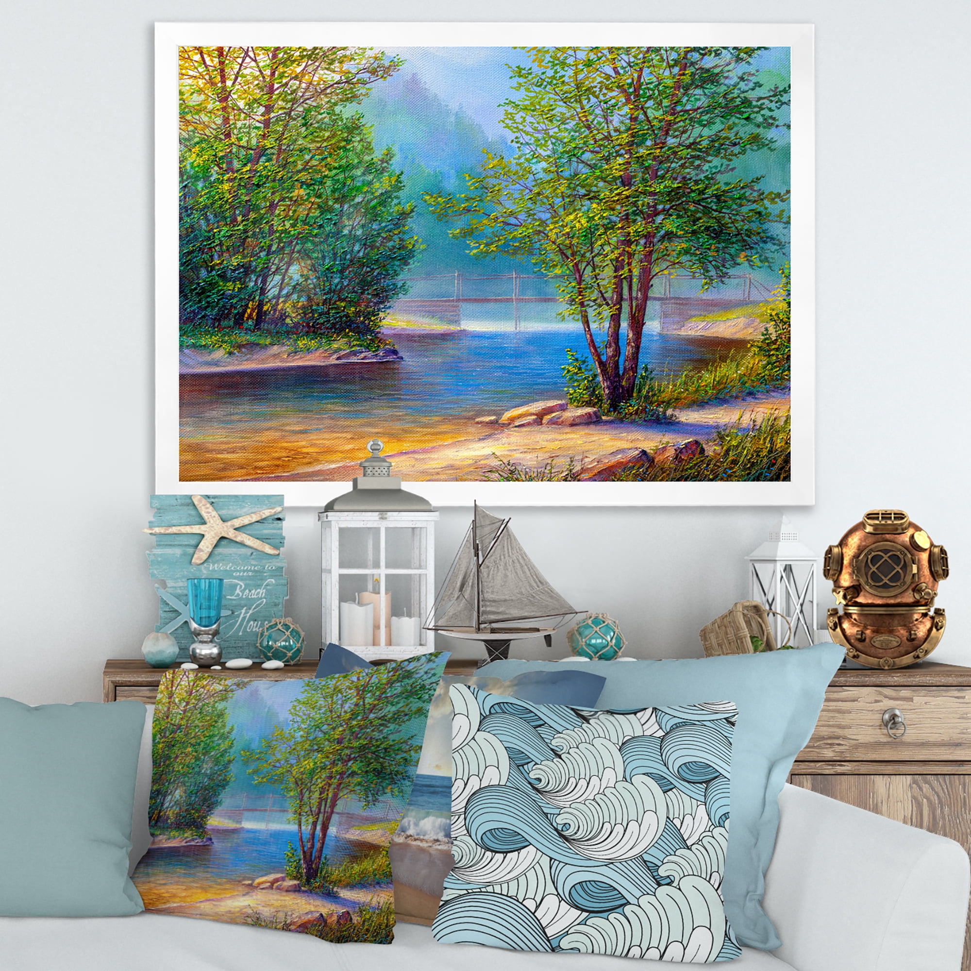 Designart 'Green Trees By The Bridge Over River' Traditional Framed Art Print
