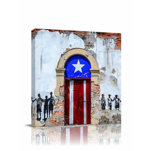 Puerto Rico Canvas Wall Art, Flag Country Rustic Shabby Door Wall Graffiti Framed Wall Decor Modern Artwork Prints Painting for Living Room, Bedroom, Kitchen & Cafe Decor 12x12 Inch