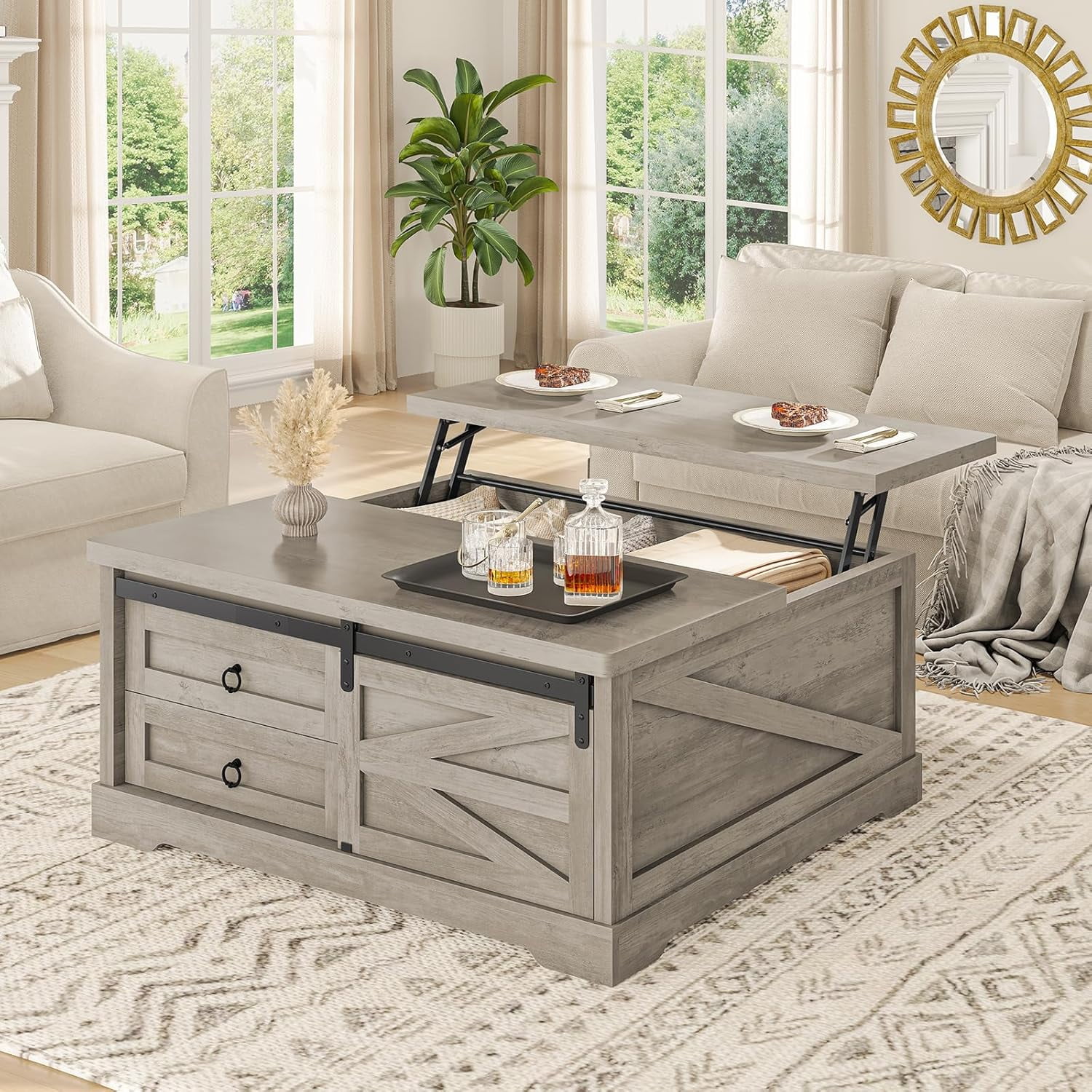 39.4" Lift-Top Coffee Table with Storage, Farmhouse Square Coffee Table with Drawers, Sliding Door and Hidden Storage Compartment, Center Table Gaming Station or Workspacefor Living Room, Grey