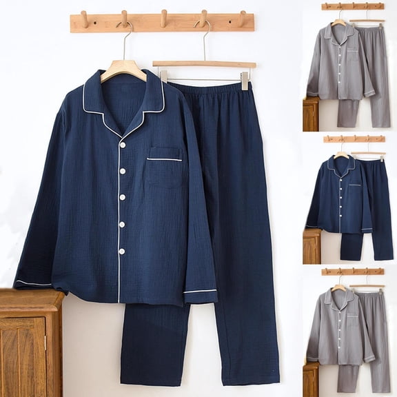 uublik Mens Pajamas Sets Comfy Sleepwear Long Sleeve Pjs Set Soft 2 Piece Lounge Set Cozy Nightwear with Pockets, Navy
