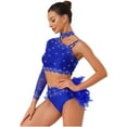 thumbnail image 3 of SiiRoh Women Ballroom Latin Dance Set One Shoulder Crop Top with Feather Briefs Belly Dancing Outfit Royal Blue XXL, 3 of 7