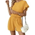 thumbnail image 3 of Women'S 2 Piece Outfits Round Neck Ruffle Short Sleeve Top and Drawstring Shorts Set Yellow M, 3 of 8