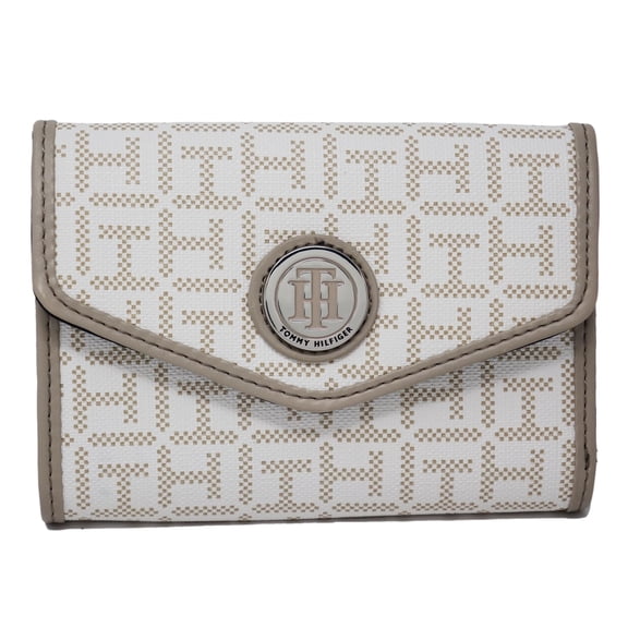 Tommy Hilfiger Women White Gray Coated Canvas Logo Print Small Wallet Clutch Bag
