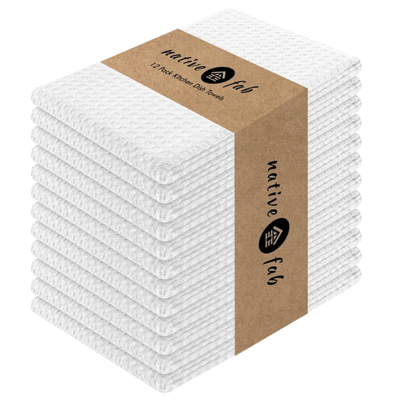 Native Fab 12 Pack Waffle Kitchen Dish Towels - 100% Cotton Soft Absorbent Wash Cloths - White