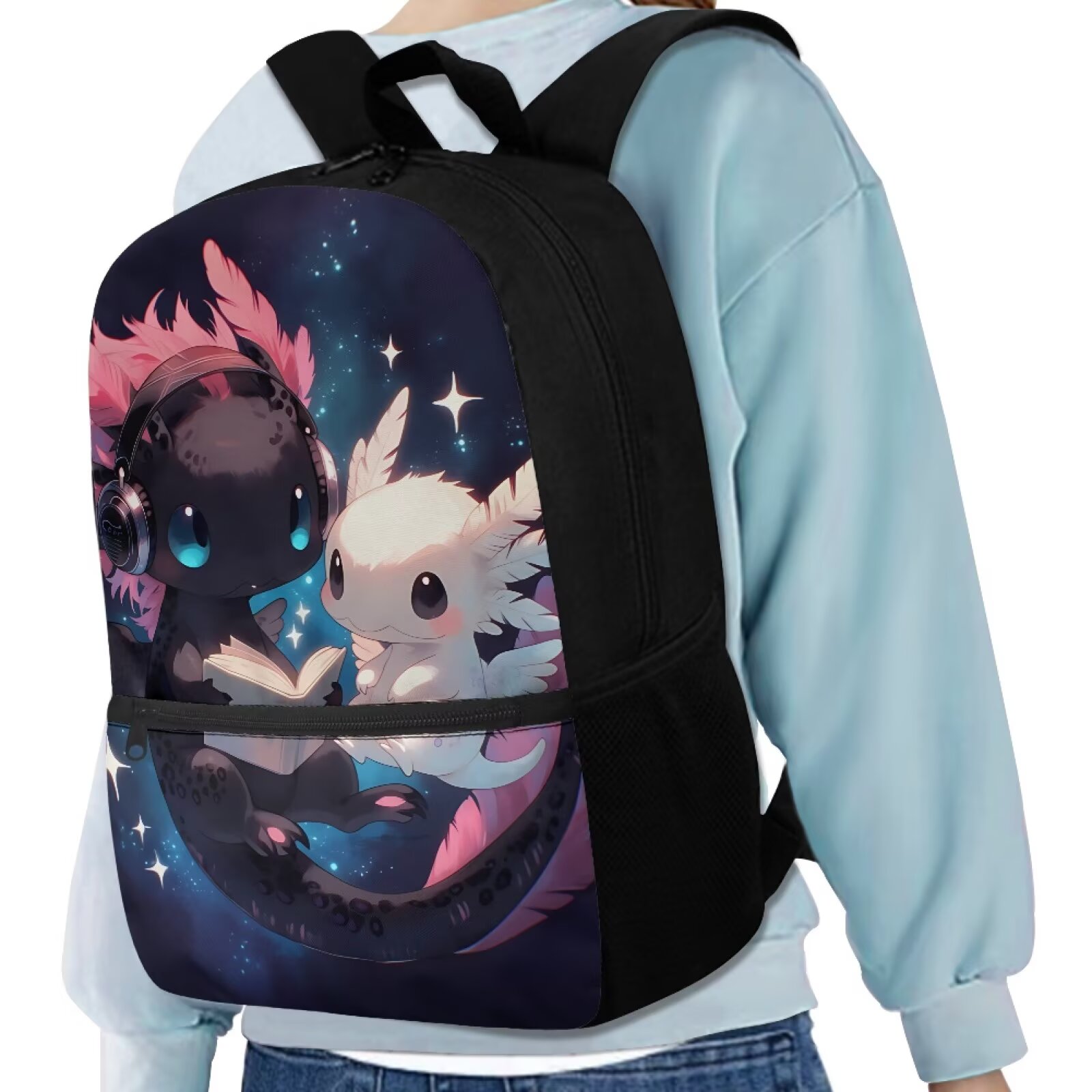 Mochila escolar para niños con estampado de ajolote galaxia, 17 pulgadas, gran capacidad, compartimento para laptop, correas ajustables, regalo para inicio de clases 4