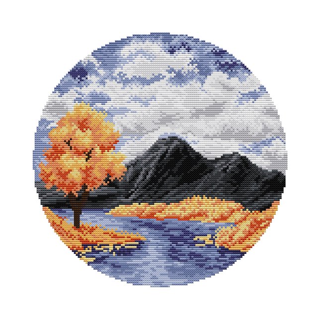 (FA201) Hilo Algodón Ecológico Bordado No Manchú 14CT Impresión 2 Hebras 31*31cm Kit Serie Paisaje Punto Cruz Otoño Las Estaciones River Valley (3)