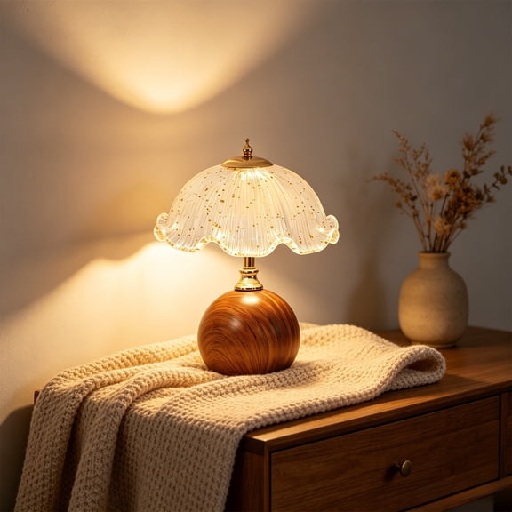 Handmade Glass Scallop Shade Table Lamp, Vintage Ball Base Night Light, Decorative Warm Light Desk Lamp for Bedroom, Living Room & Home