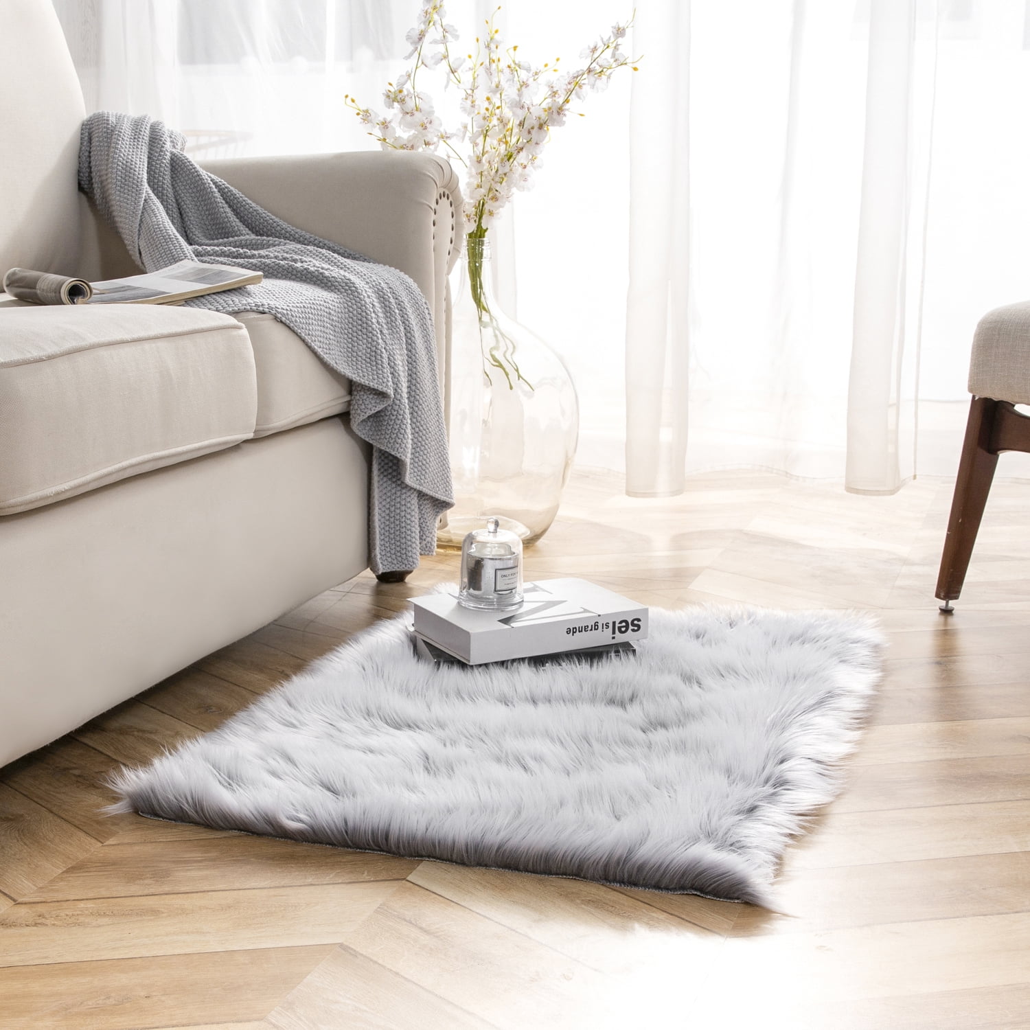 Deluxe Ultra Soft Faux Sheepskin Fur Series Fluffy Decorative Indoor Shag Area Rug, 2 x 3 Feet Rectangle, Gray and White, 1 Pack