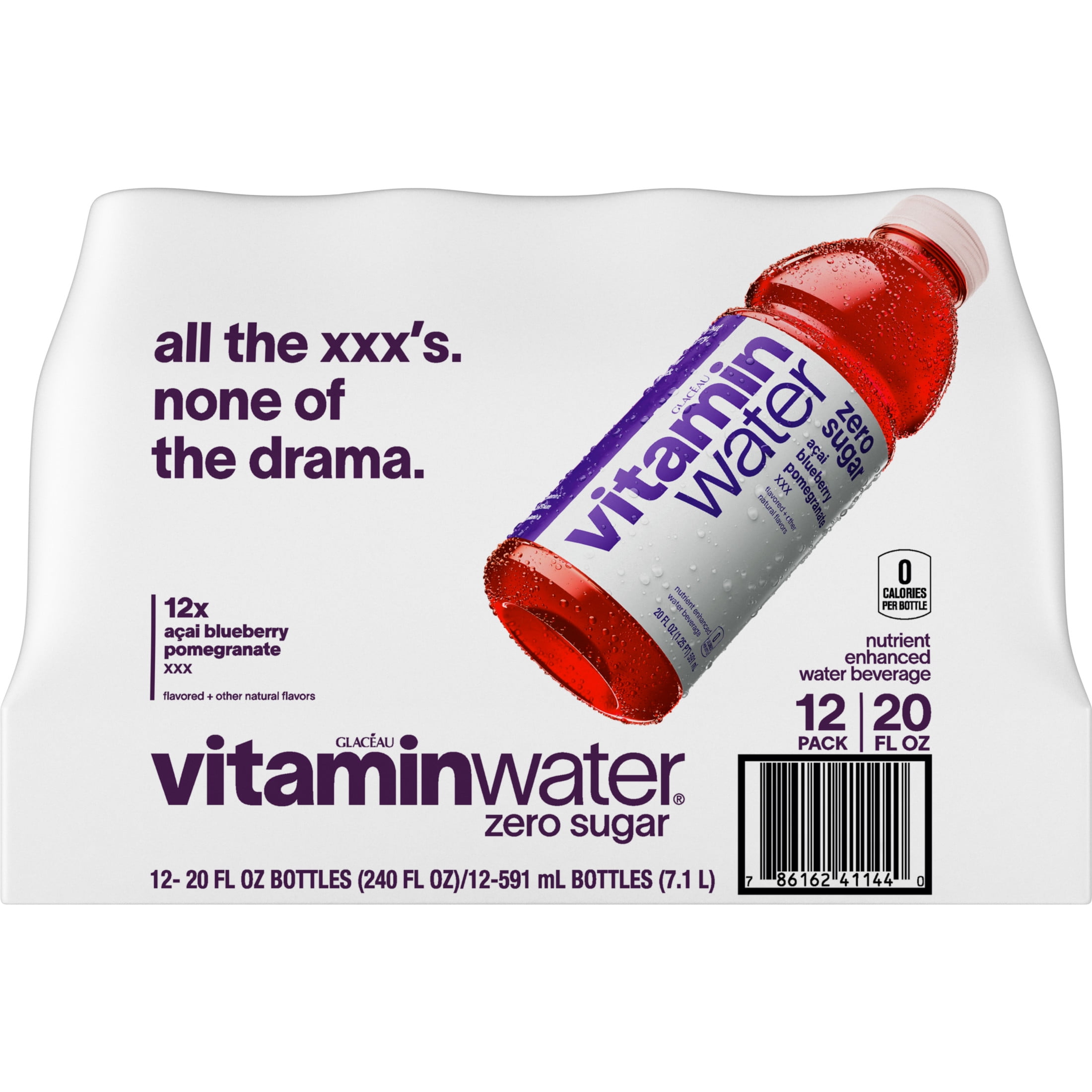 vitaminwater XXX Zero Sugar Acai-Blueberry-Pomegranate Water Beverage Bottles, 20 fl oz, 12 Pack