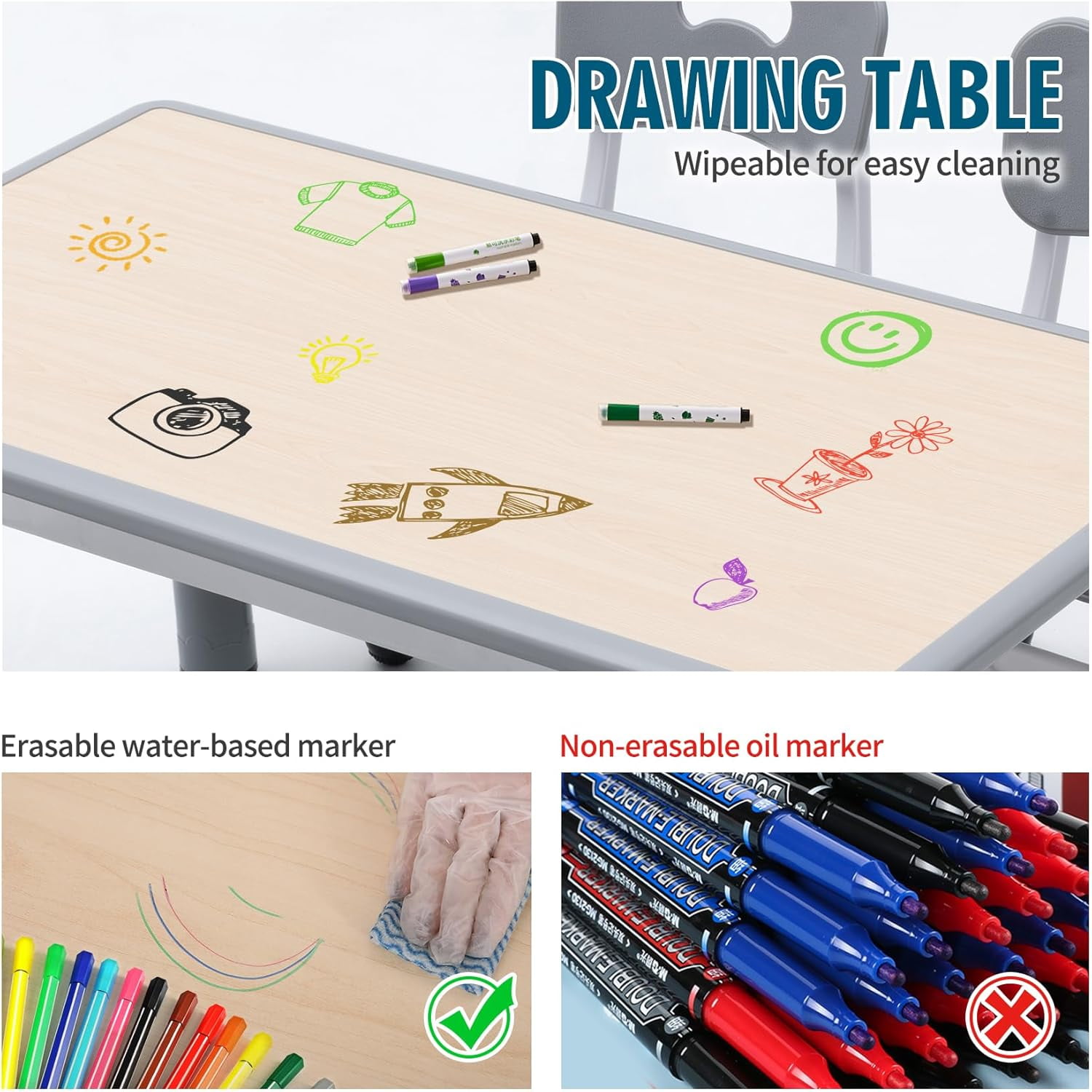 HWong Kids Table and Chairs Set, Height Adjustable Multi-Activity Preschool Table with Graffiti Desktop for Ages 2-8 - Versatile Kids Tables for Play, Learning, and Creativity(Maple Top/Gray Border)