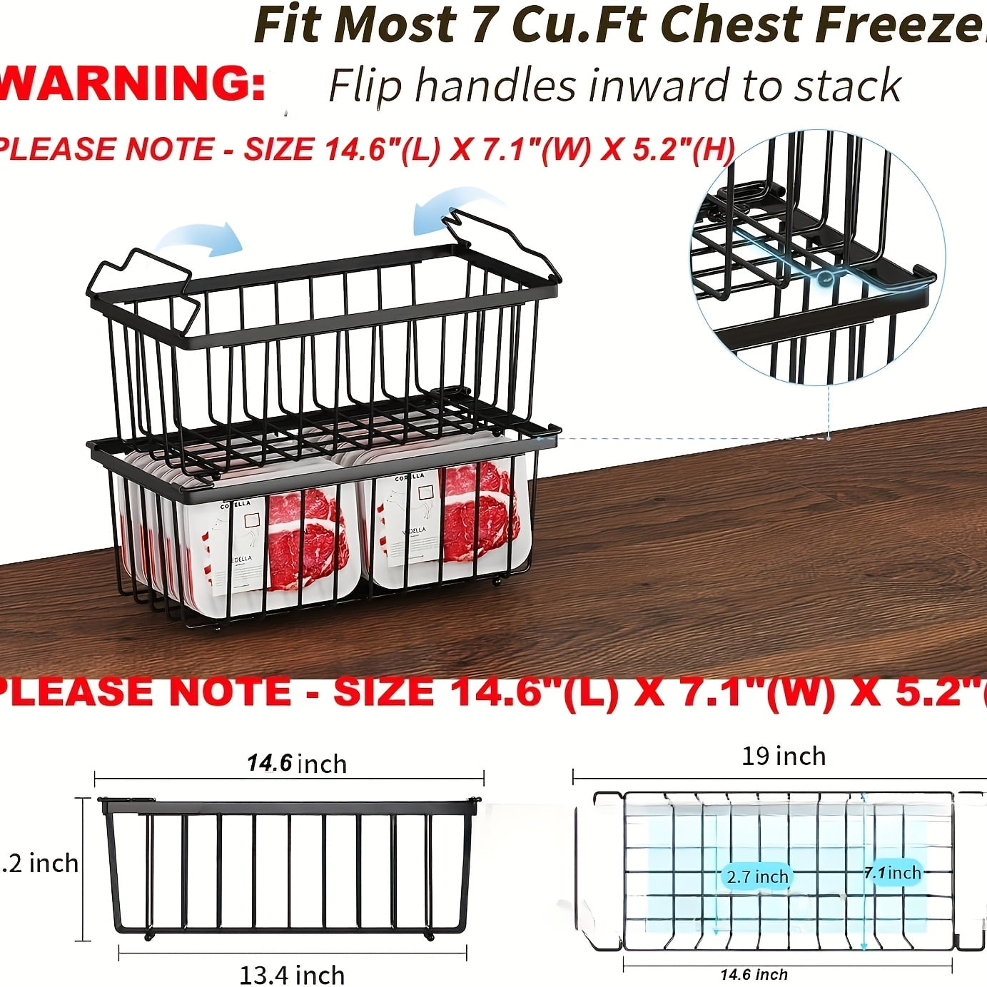 6 PACK Freezer Organizer Bins (14.6''L X 7.1''W X 5.2''H), Stackable Chest Freezer Organizer For 7 Cu.FT Deep Freezer Sort frozen Food, Deep Freezer Organizer Bins Easily W/Handle Add Storage Space