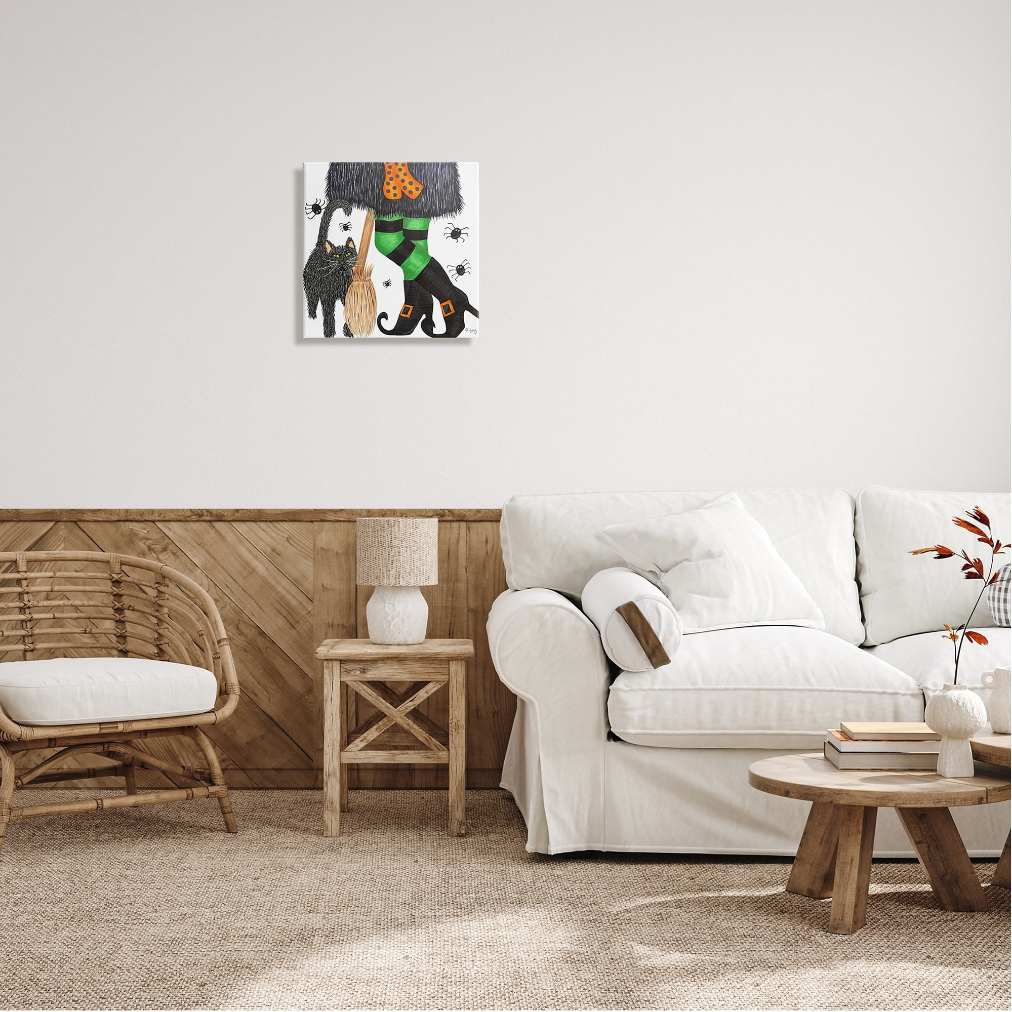 Stupell Industries Witch Broom Halloween Black Cat Holiday Painting Gallery Wrapped Canvas Print Wall Art