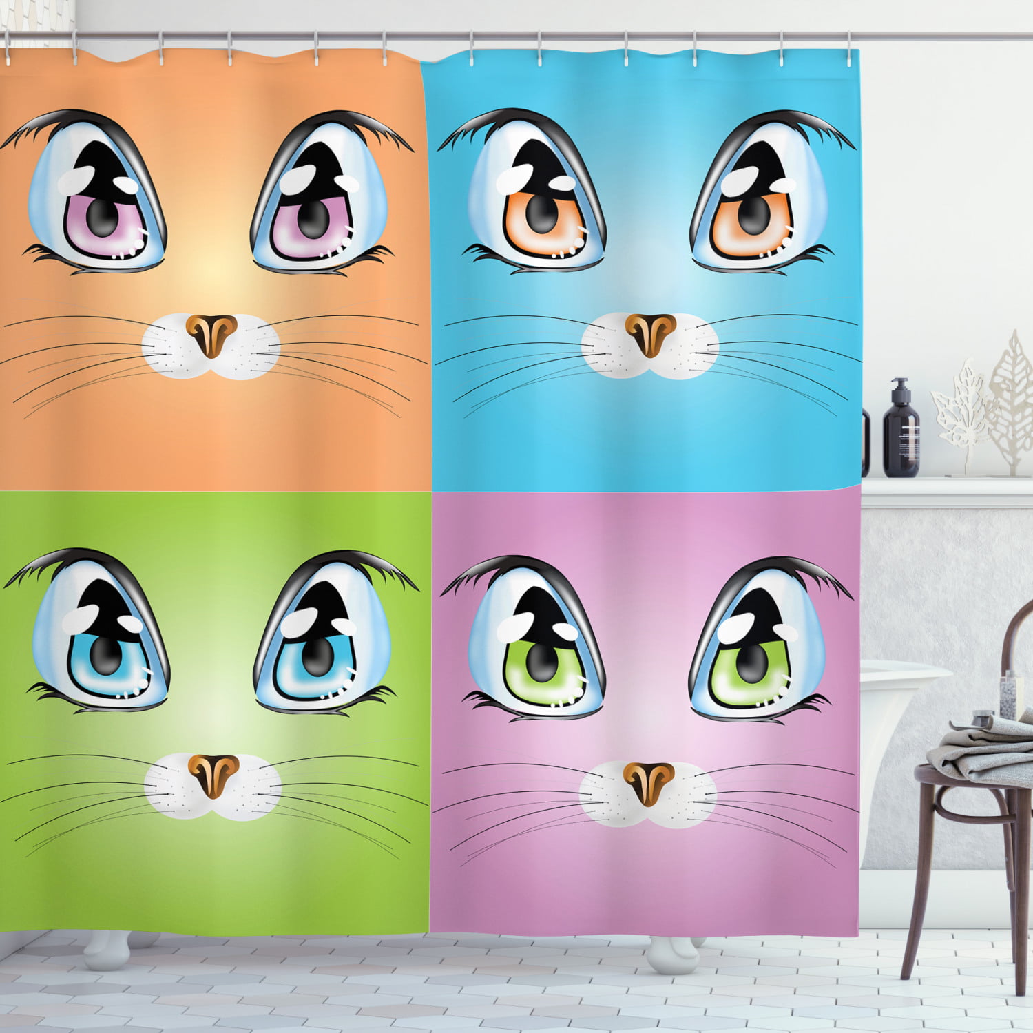 Bathroom Waterproof Fabric Shower Curtain Set Cute Cat Colorful Big Eyes 72x72"