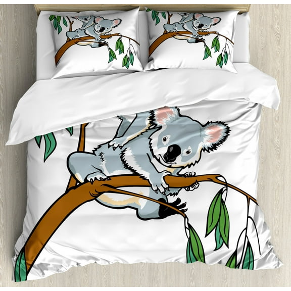 Tropical Animals Duvet Cover Set King Size, Mother and Baby Koala Climbing over Eucalyptus Tree Branch Wildlife Forest, Decorative 3 Piece Bedding Set with 2 Pillow Shams, Grey Brown, by Ambesonne