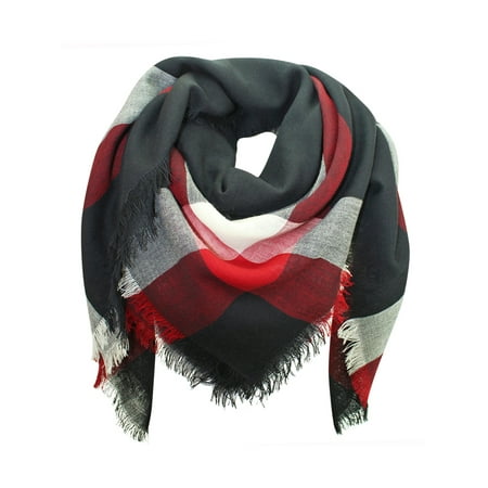 Mist Wool Scarf - Black White Red Wool Plaid Blanket Scarf