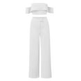 thumbnail image 3 of Linen Pants for Women,Clearance Women Fashion Solid Cold Shoulder Ruffle Shirt Button Zipper Wide Leg Pant Suit Cargo Pants Women, 3 of 5
