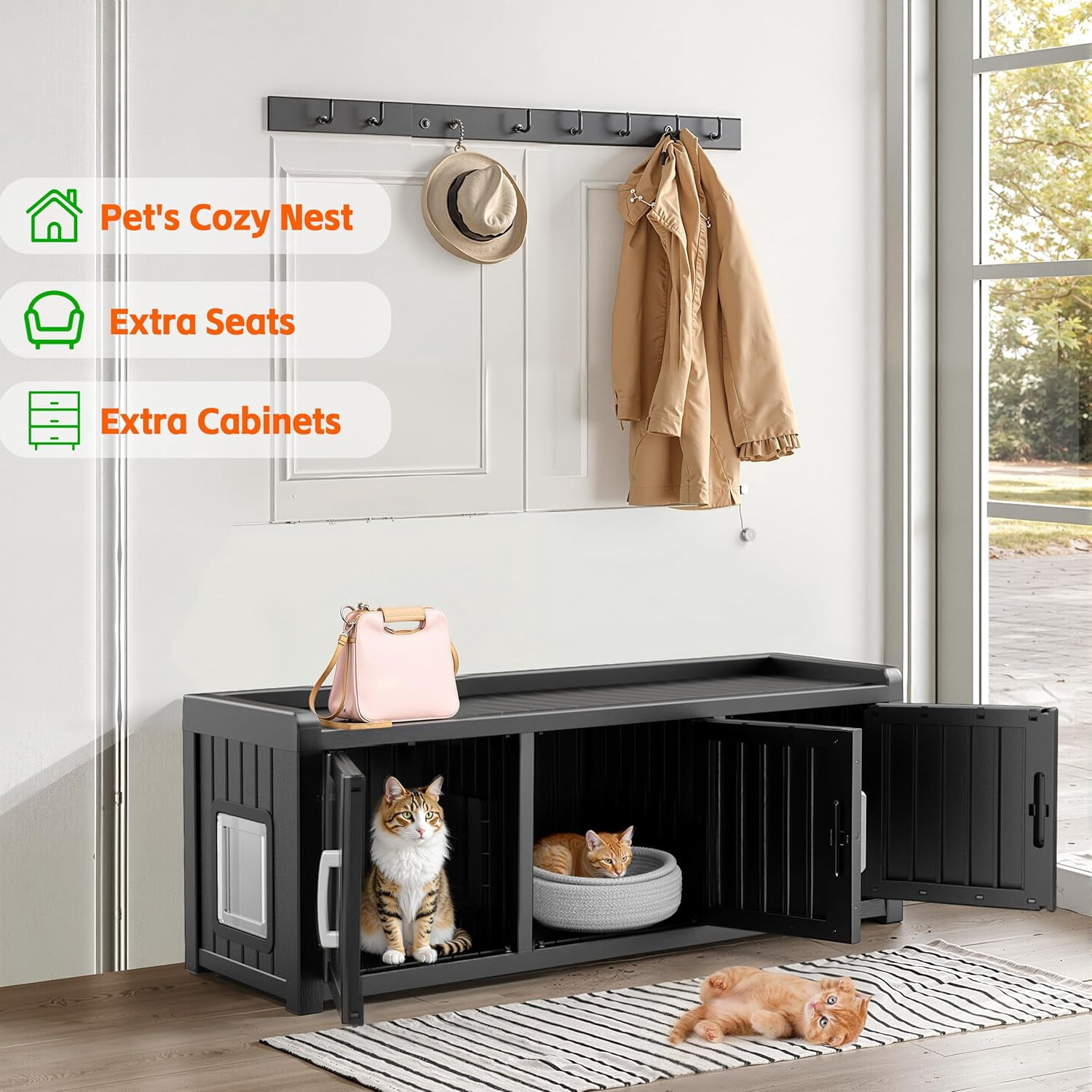 Joxxoaa Outdoor resin weatherproof cat house,ventilated and insulated for Cats,Kittens,Puppies,washable, easy to assemble,scratch and bite-resistant,non-stick to hair (black)