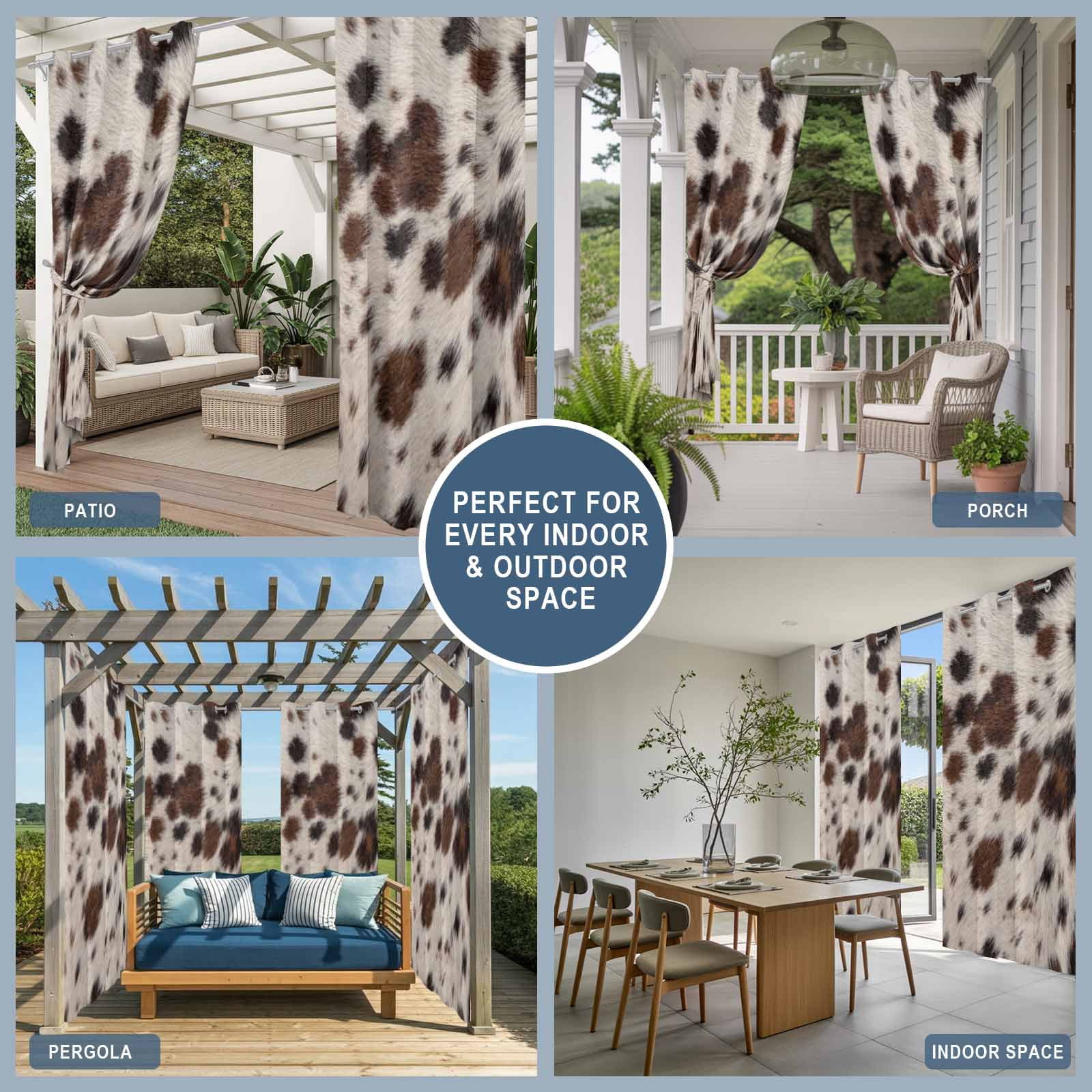 Brown Fur Texture Outdoor Curtains for Patio, Country Farm Animal Classic White Brown Black Spots Sunshade Privacy Drapes Grommet Waterproof Outside Curtains for Porch Balcony 54"x108", 1 Panel
