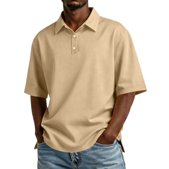 HAJWOH Polo Uniform Shirts for Mens School Short Sleeve Tops Casual Button Down Tennis T-Shirts 2026 Summer New with Collar Golf Polo Shirts Workout Blouse Khaki M