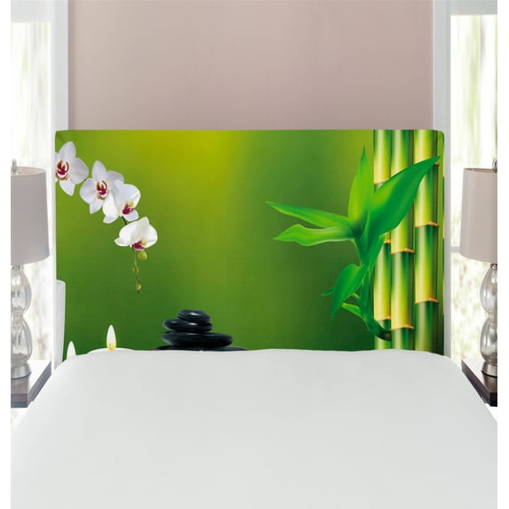 Spa Headboard, Bamboo Flower Stone Wax on the Table Orchid Rock Healthy Lifestyle Theme, Upholstered Decorative Metal Bed Headboard with Memory Foam, Twin Size, Fern Green Fuchsia White, by Ambesonne