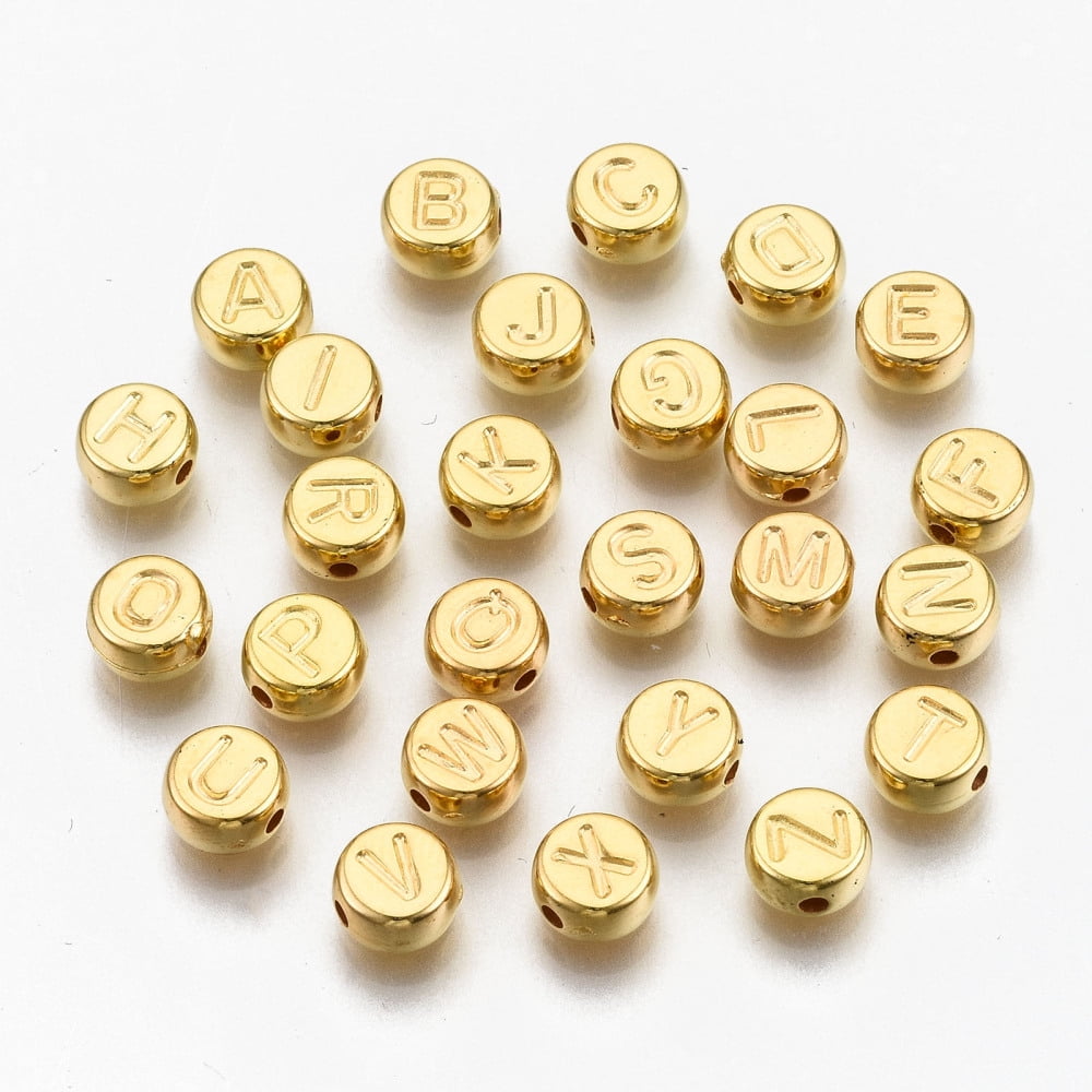 CCB Plastic Beads Horizontal Hole Flat Round with Letter Golden 7x4mm Hole: 1.8mm about 3300pcs/500g