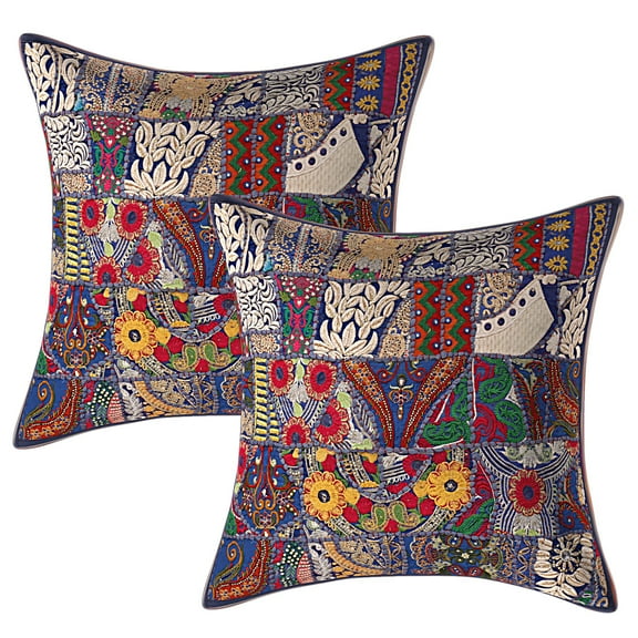 Stylo Culture Indian Vintage Patchwork Floral Sofa Throw Pillow Covers 24 x 24 Big Dark Blue Bohemian 60x60 cm Home Decor Cotton Abstract Square Cushion Covers | Set Of 2