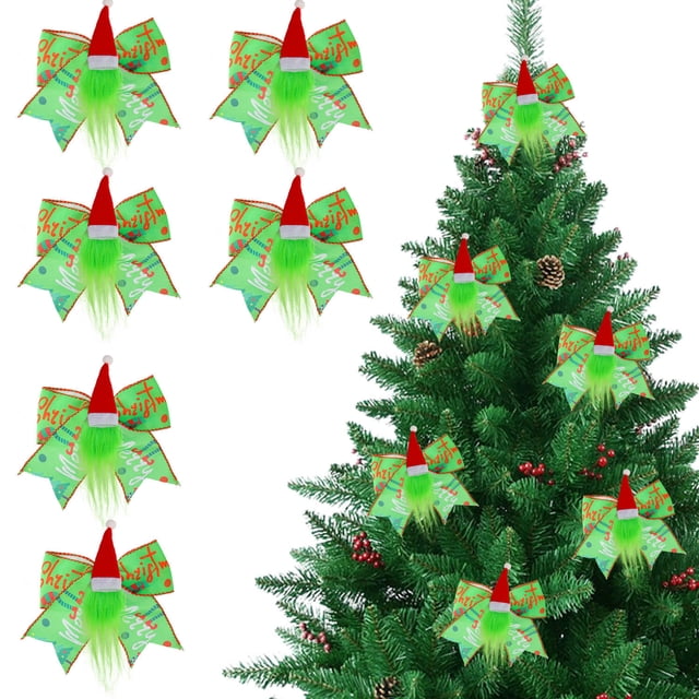 Christmas Bow Decoration with Santa Hat Green Holiday Ribbon Ornament | Festive Christmas Gift Wrap Accent | Durable Hanging Decor for Tree Wreath Gift Presentation