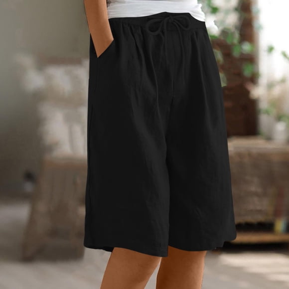 Neewe Womens Knee Length Pants Casual Plain Shorts Summer Drawstring Elastic Waist Comfy Shorts with Pockets