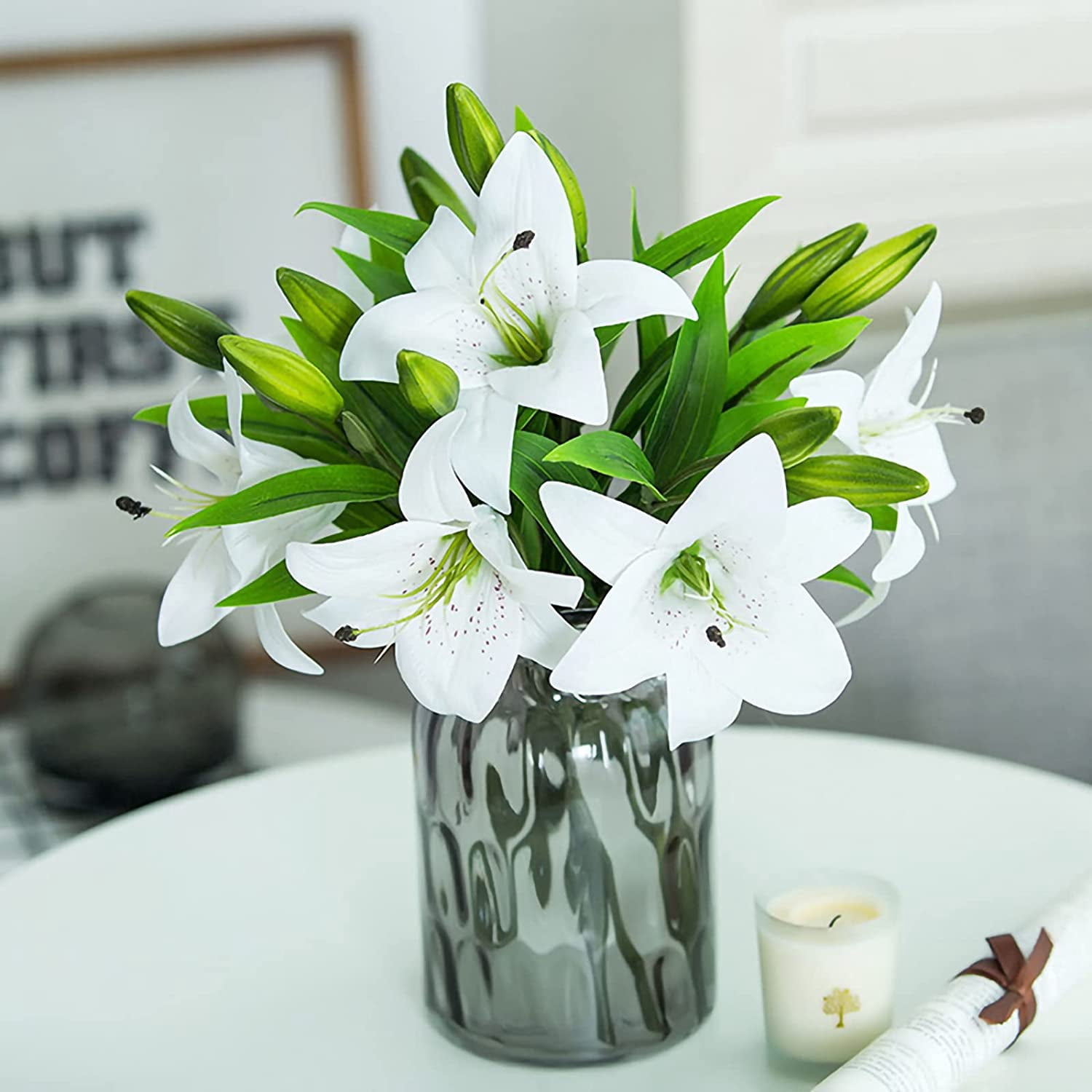 Artificial Tiger Lily Real Touch Lily Easter Lily Fake Spring Flowers for Wedding Home Party Easter Decoration Plastic Lily Faux Flowers (White, 8)