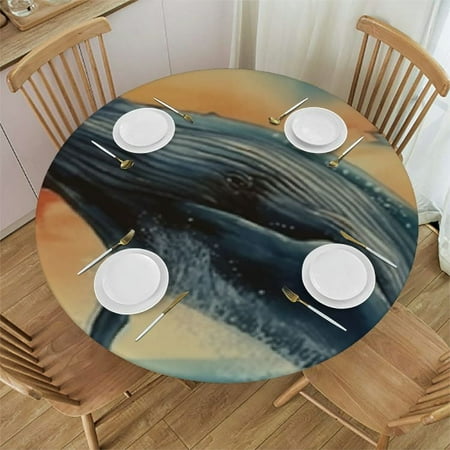 

Whale Fish Round Fitted Tablecloth with Elastic Edge Table Circular Table Cover Waterproof Wipeable Round Elastic Table Cloth