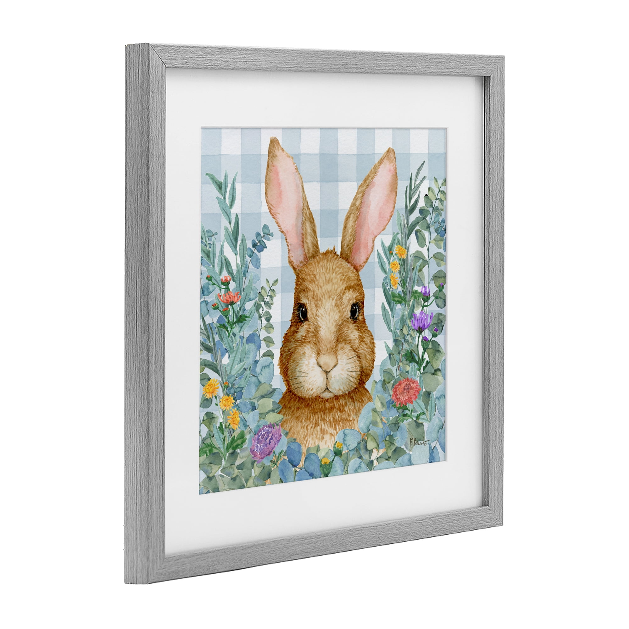 Stupell Industries Rabbit Laurel on Gingham Gray Framed Print Under Glass, design by Paul Brent
