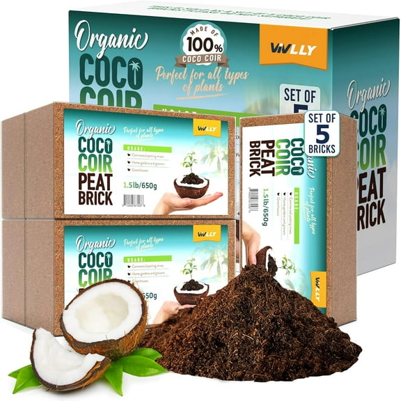 Vivlly Organic Coco Coir Peat Brick Compressed Soil, 5 Pack