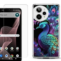 Phone Case for Cricket Icon Plus 2026, with Screen Protector, by OneToughShield - Neon Peacock
