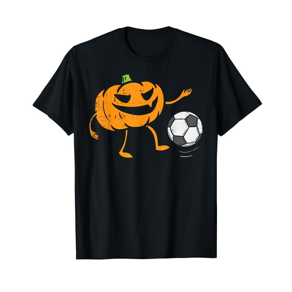 Pumpkin Soccer Graphic Tee Hand Drawn Halloween T-Shirt Football Autumn Theme Casual Crewneck Top Black S-5XL