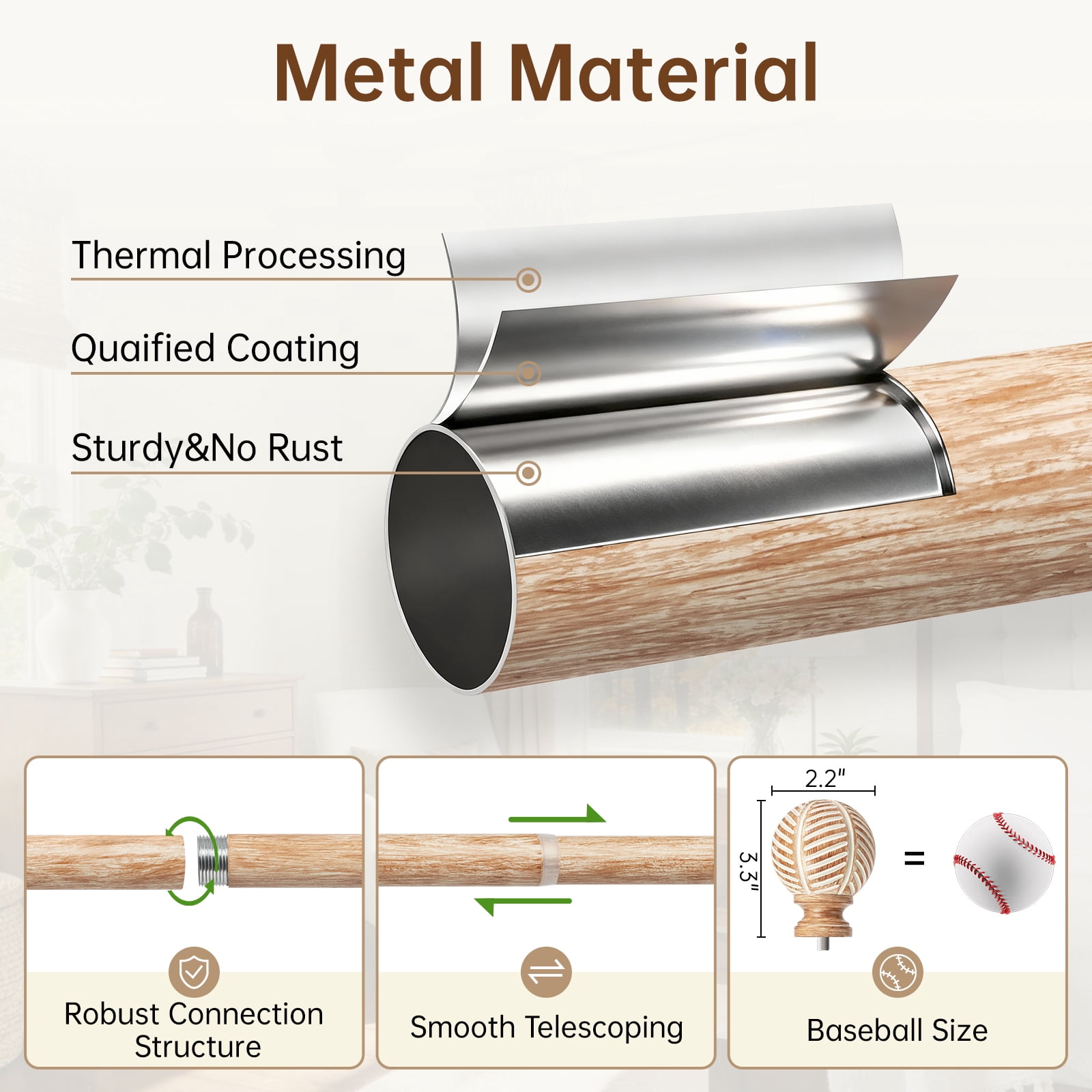 NewBuros Adjustable Wood Curtain Rod, 32 to 120 Inch, 1" Diameter Heavy-Duty Indoor Curtain Rod, Sturdy Rust-Proof with Wood Grain Leaf Pattern, Brown